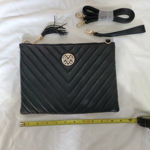 Macbeth Quilted Black Clutch w/ Gold Accents + Removeable Wrist + Shoulder Strap